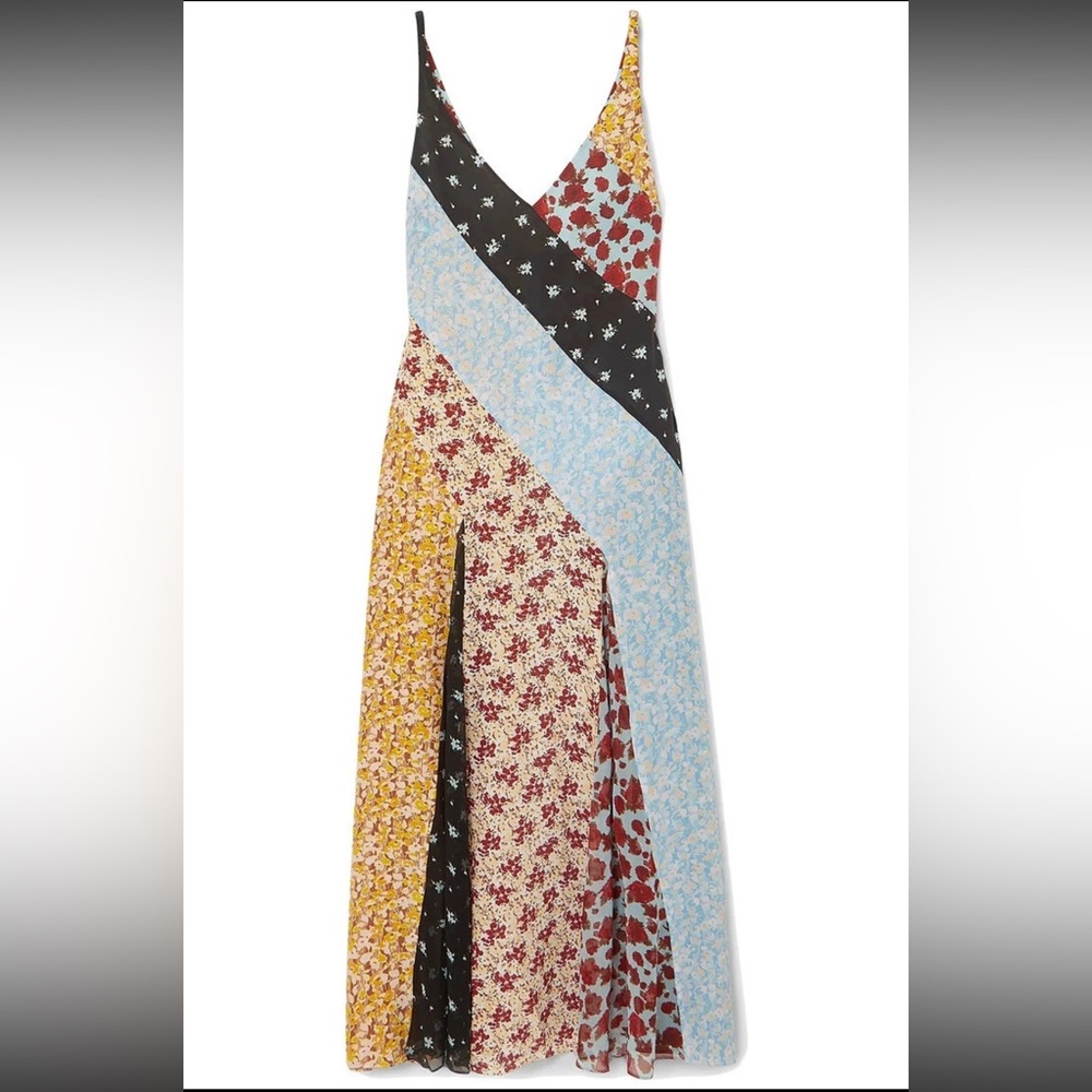 RIXO Denise Patchwork Sleeveless V-Neck 100% Silk Dress